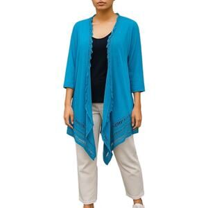 Chico's Linen Blend Tassel Trim Open Front Cardigan Lace Hem Size XLP